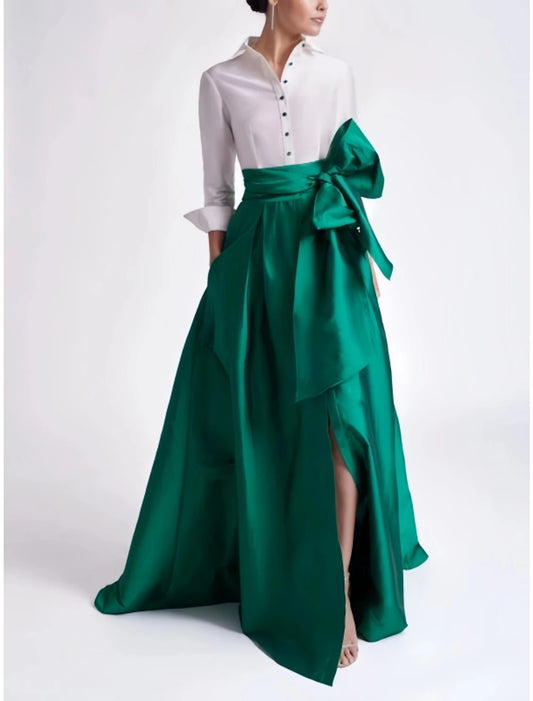 Wholesa A-Line Evening Gown Elegant Red Green Dress Formal Wedding Guest Sweep / Brush Train 3/4 Length Sleeve Shirt Collar Satin with Bow(s)