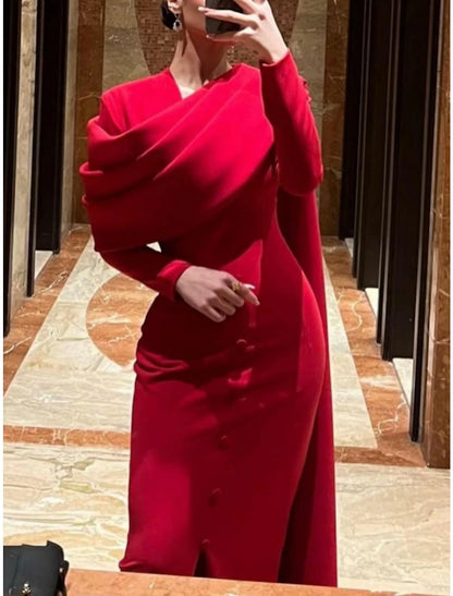 Wholesa Sheath Red Black Red Green Dress Evening Gown Elegant Cape Dress Formal Fall Sweep / Brush Train Long Sleeve Cowl Neck Stretch Fabric with Buttons Slit