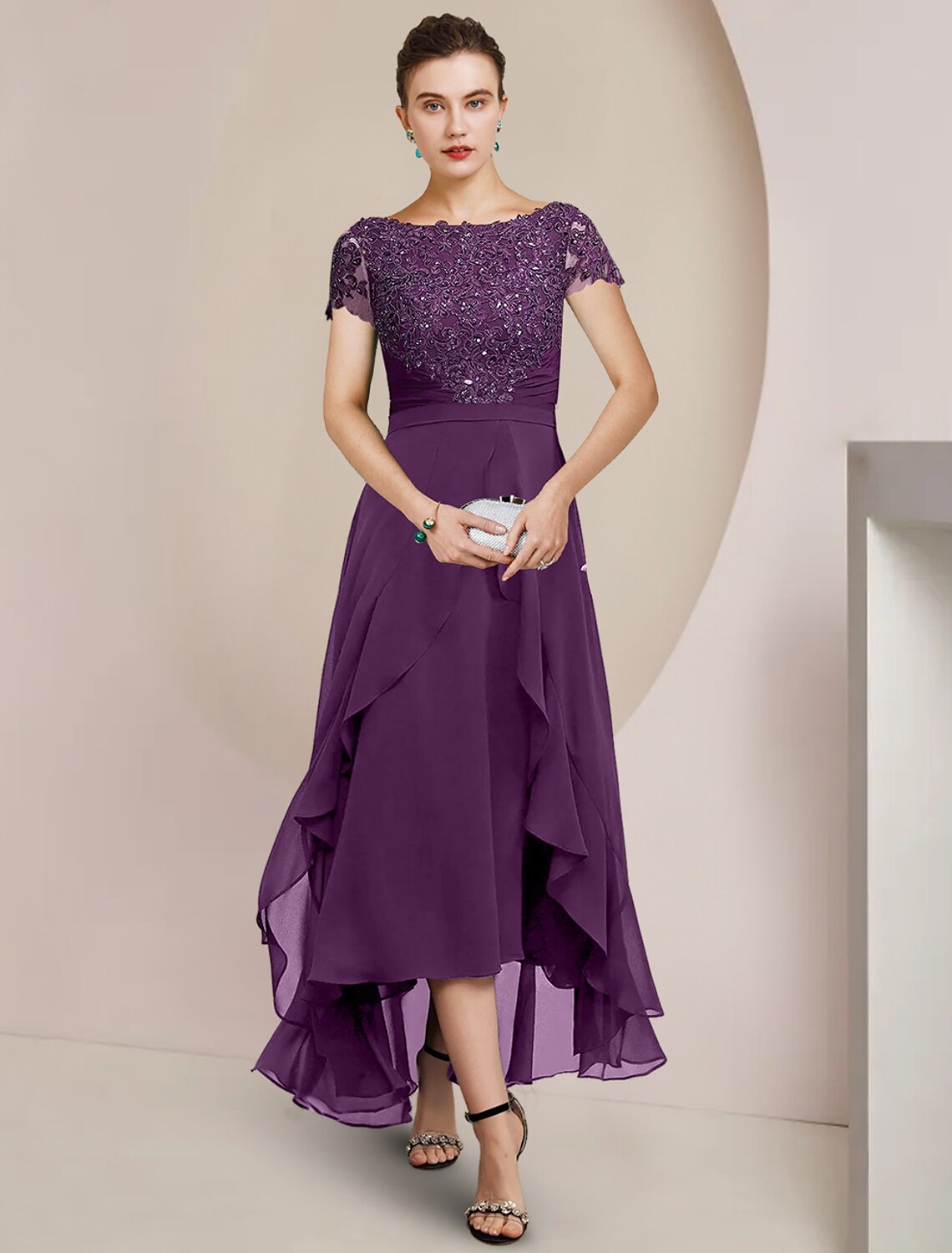 Wholesa A-Line Mother of the Bride Dress Formal Wedding Guest Party Elegant Scoop Neck Asymmetrical Tea Length Chiffon Lace Short Sleeve with Beading Sequin Appliques