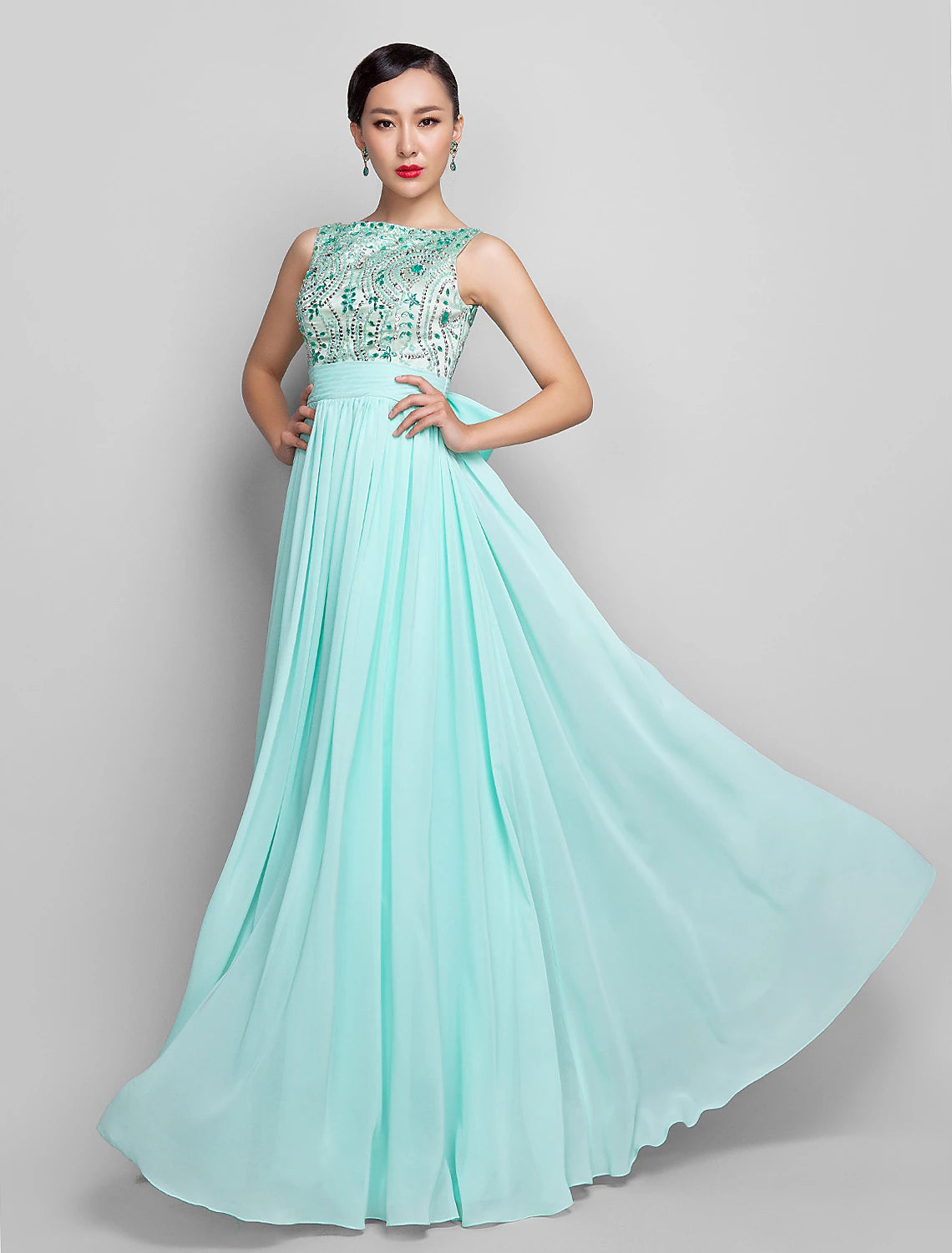 Wholesa  A-Line Beaded & Sequin Holiday Cocktail Party Prom Dress Scoop Neck Sleeveless Floor Length Chiffon with Bow(s) Ruched Beading