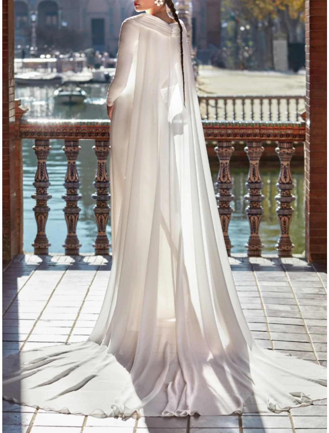 Wholesa Formal Wedding Dresses Sheath / Column V Neck Long Sleeve Court Train Satin Bridal Gowns With Solid Color