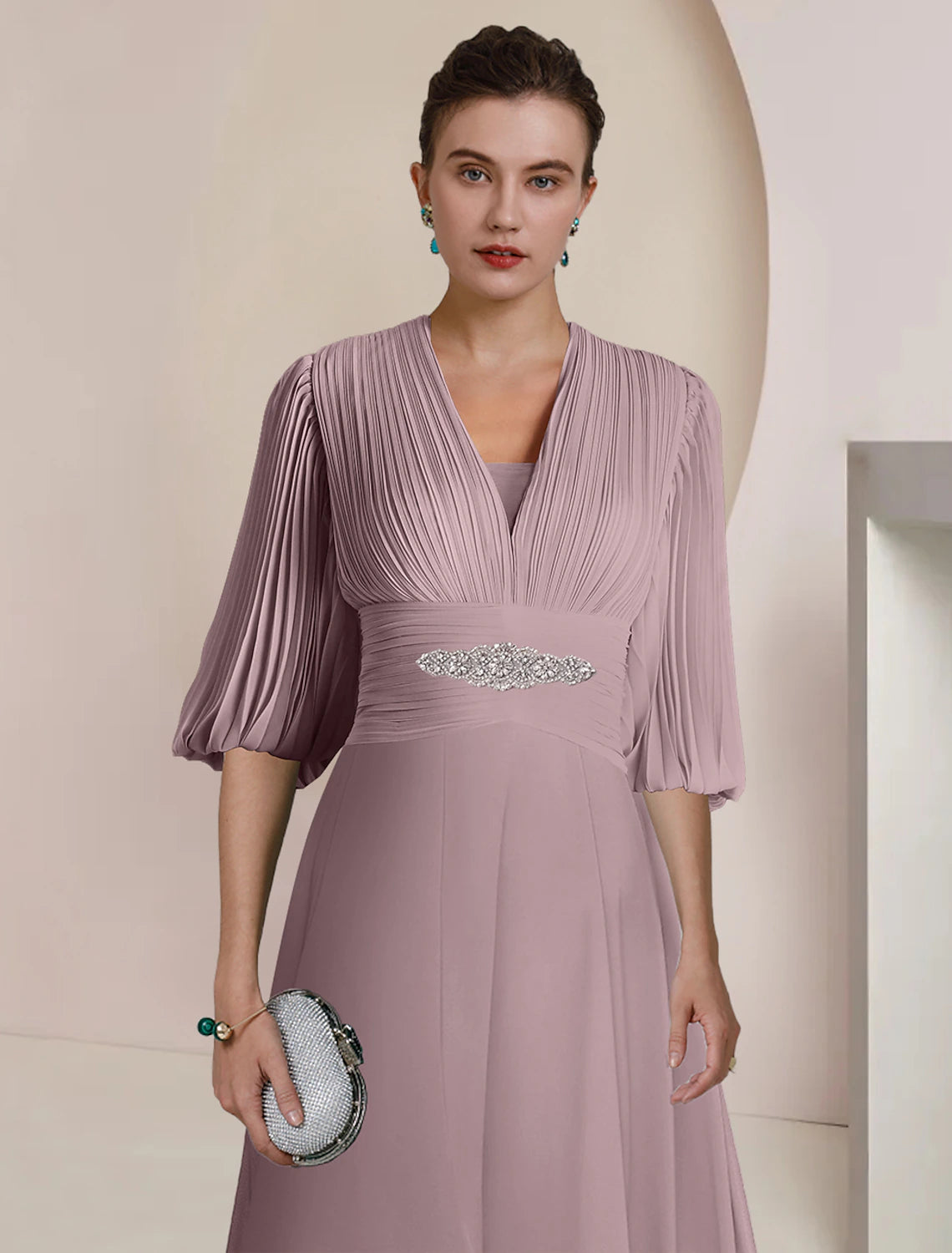 wholesale  A-Line Mother of the Bride Dress Formal Wedding Guest Party Vintage Elegant V Neck Tea Length Chiffon 3/4 Length Sleeve with Pleats Crystals