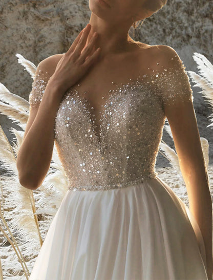 Wholesa Beach Formal Wedding Dresses A-Line Off Shoulder Short Sleeve Court Train Chiffon Bridal Gowns With Pleats Beading