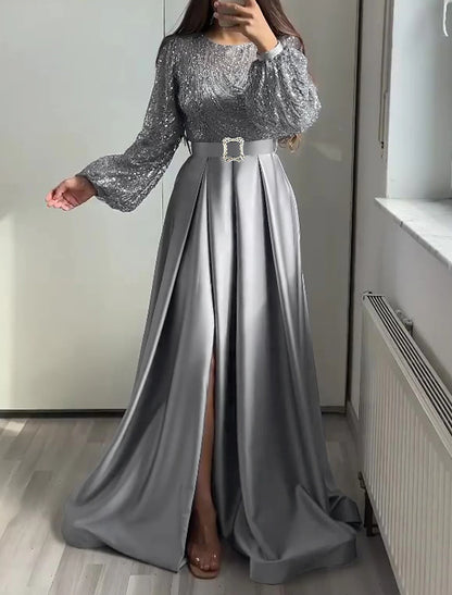 Wholesa A-Line Evening Gown Elegant Dress Wedding Black Tie Floor Length Long Sleeve Jewel Neck Fall Wedding Guest Satin with Sequin