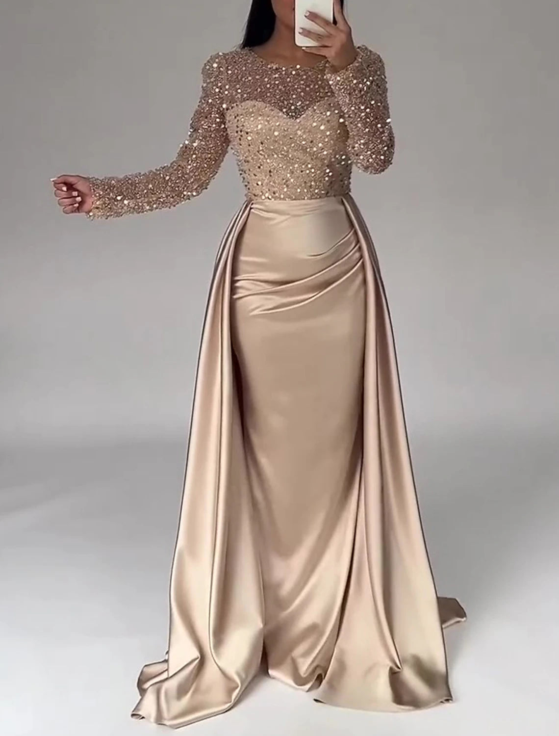 Wholesa Mermaid Sequin Evening Gown Ruched Satin Dress Long Sleeves Floor Length Sparkle Illusion Neck Prom Wedding Guest Dress with Pearls Overskirt