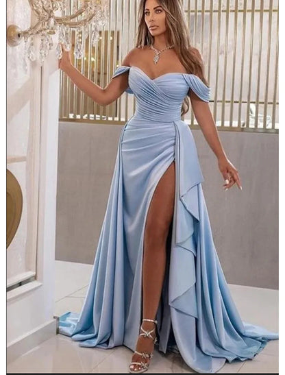 Wholesa A-Line Prom Dresses High Split Dress Wedding Guest Prom Sweep / Brush Train Sleeveless Sweetheart Satin with Slit