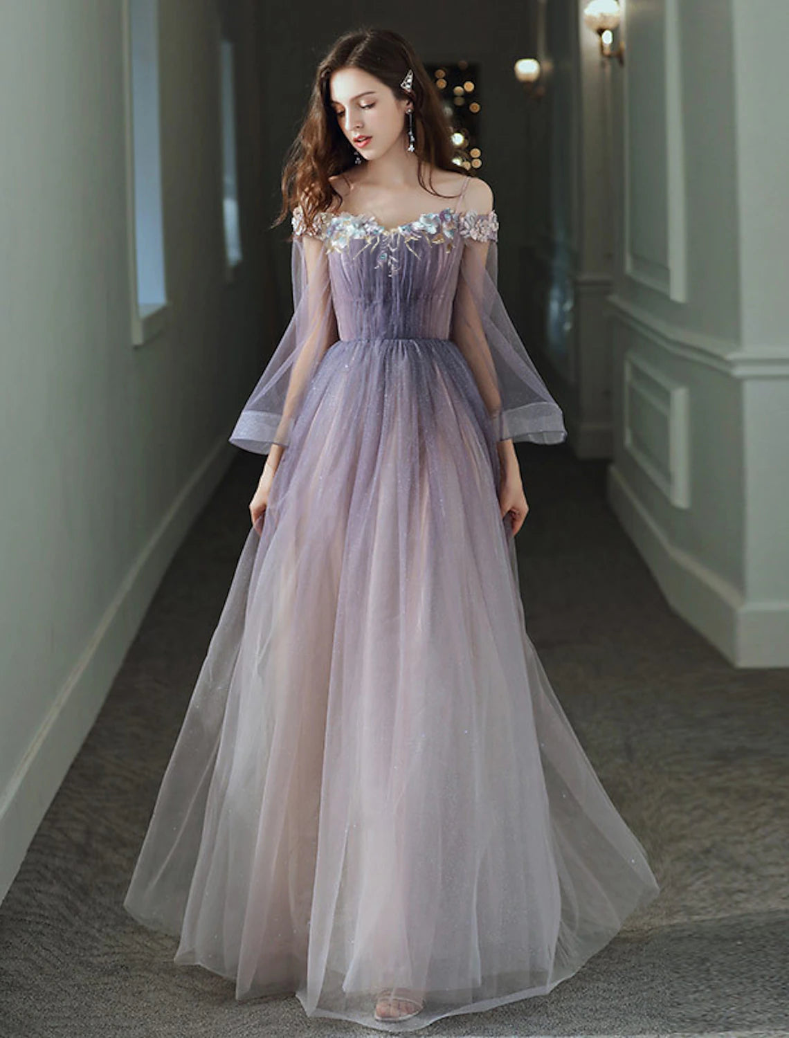 Wholesale A-Line Minimalist Elegant Party Wear Prom Dress Off Shoulder Long Sleeve Floor Length Tulle with Appliques