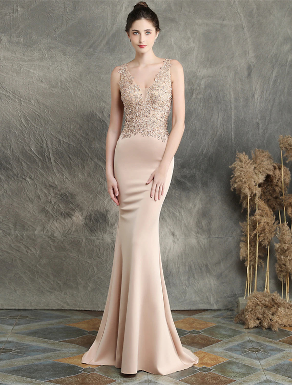 Wholesa Mermaid / Trumpet Evening Gown Open Back Dress Formal Wedding Guest Sweep / Brush Train Sleeveless V Neck Cotton Blend with Beading Appliques