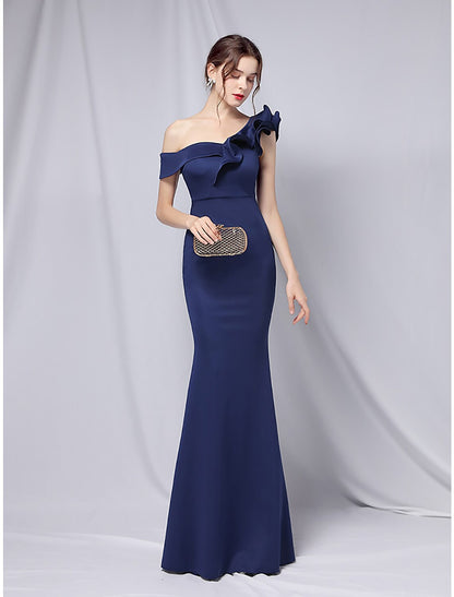 Wholesa Mermaid Party Dress Evening Gown Empire Dress Wedding Guest Formal Evening Floor Length Short Sleeve One Shoulder Stretch Satin with Ruffles