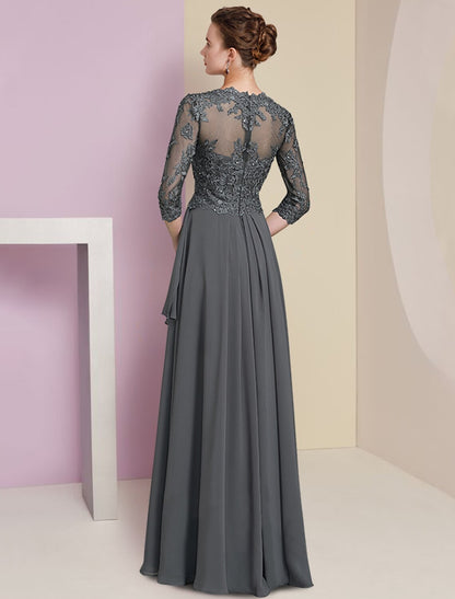 wholesale A-Line Mother of the Bride Dress Formal Luxurious Elegant V Neck Floor Length Chiffon Lace Half Sleeve with Pleats Beading Appliques