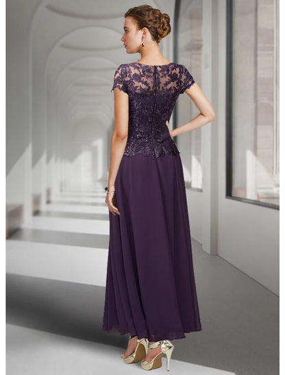 Wholesa A-Line Mother of the Bride Dress Elegant Jewel Neck Ankle Length Chiffon Lace Short Sleeve with Pleats Appliques