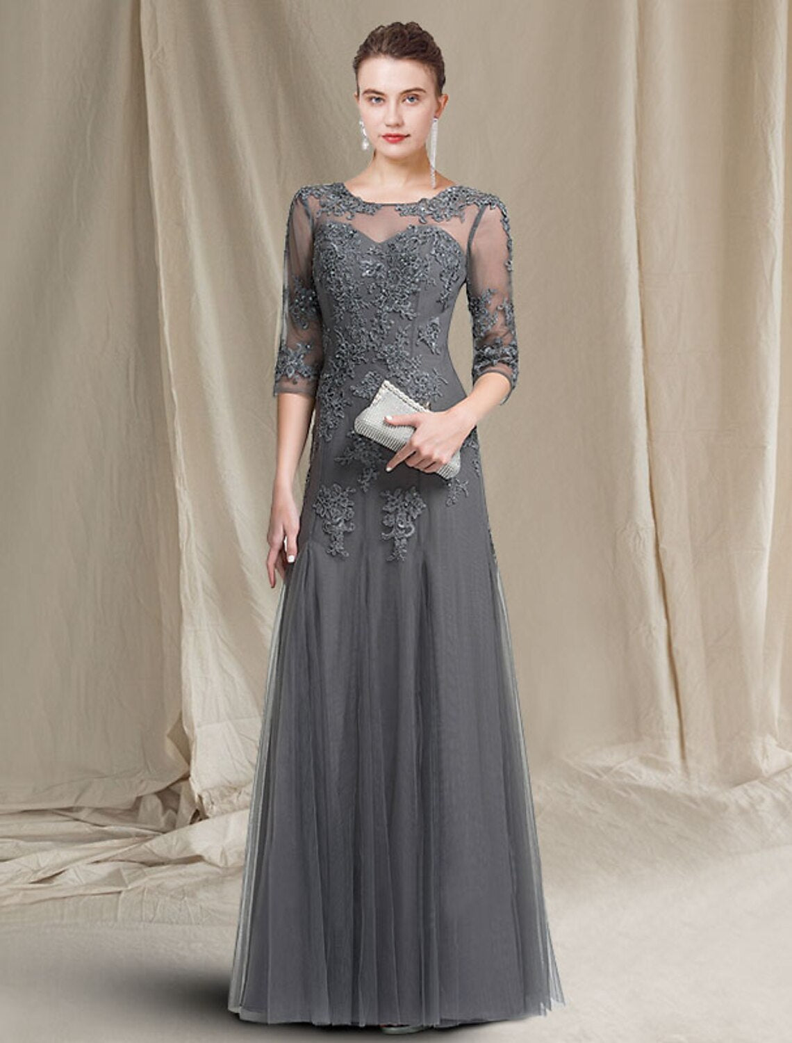 Wholesale A-Line Mother of the Bride Dress Luxurious Elegant Jewel Neck Floor Length Lace Tulle 3/4 Length Sleeve with Appliques