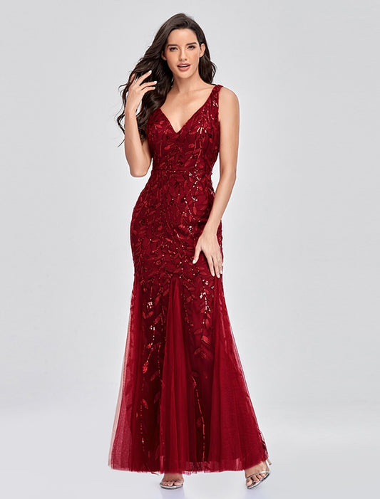 Wholesale Mermaid / Trumpet Empire Elegant Party Wear Formal Evening Valentine's Day Dress V Neck V Back Sleeveless Floor Length Tulle with Embroidery