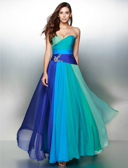 Wholesale A-Line Color Block Dress Wedding Guest Floor Length Sleeveless Sweetheart Chiffon Backless with Ruched Crystals