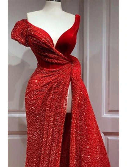 Wholesa A-Line Evening Dress Sparkle Christmas Red Green Dress V Neck Short Sleeve Court Train Satin with Sequin Slit