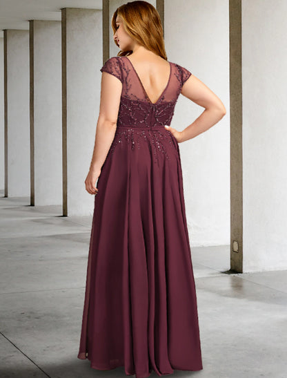 wholesale A-Line Mother of the Bride Dresses Plus Size Hide Belly Curve Elegant Dress Formal Floor Length Short Sleeve V Neck Chiffon with Pleats Beading