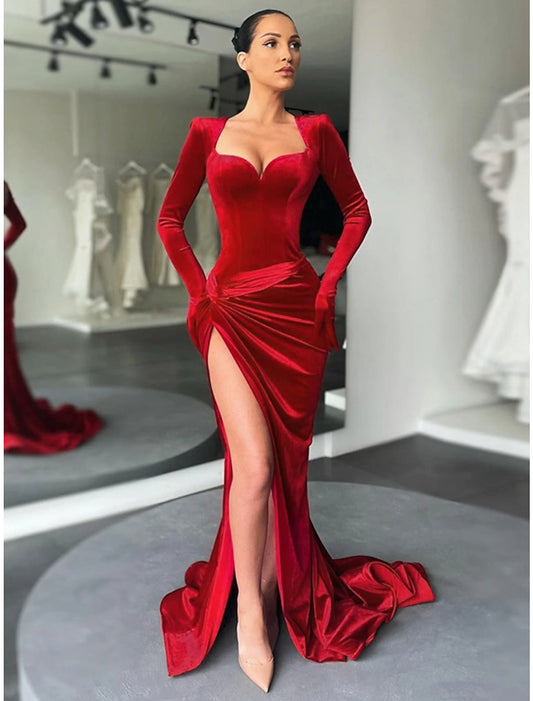 Wholesa A-Line Evening Gown Party Dress Vintage Dress Formal Fall Court Train Long Sleeve Sweetheart Velvet with Ruched Slit