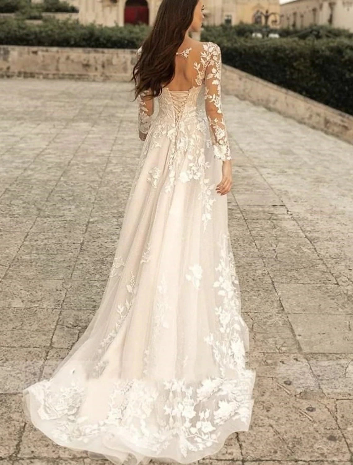 Wholesa Beach Formal Wedding Dresses A-Line V Neck Long Sleeve Sweep / Brush Train Lace Bridal Gowns With Flower Solid Color