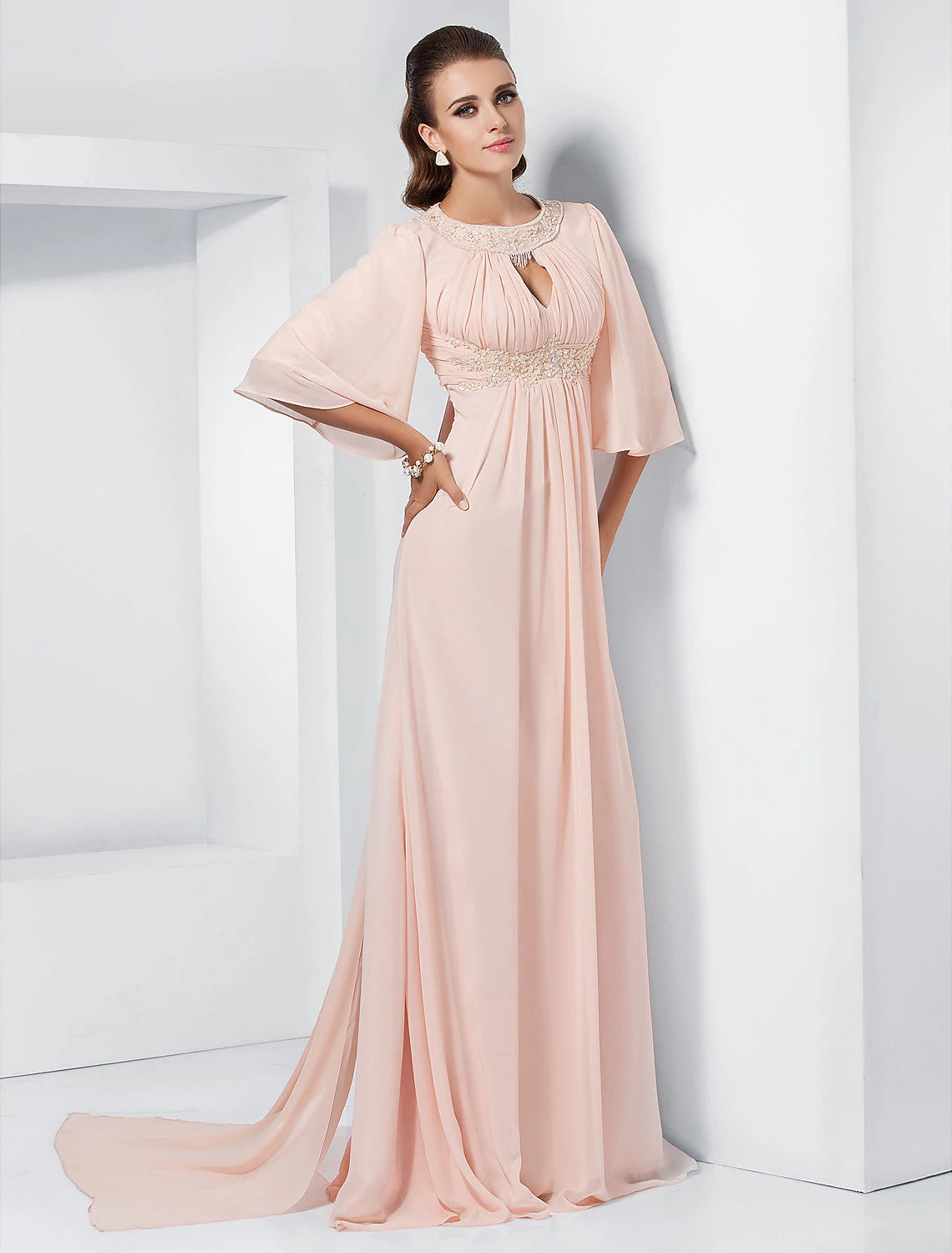 Wholesa A-Line Special Occasion Dresses Elegant Dress Wedding Guest Formal Evening Sweep / Brush Train Half Sleeve Jewel Neck Chiffon with Beading Draping