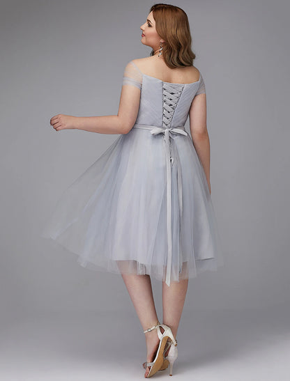 wholesale  A-Line Elegant Dress Wedding Guest Tea Length Short Sleeve Off Shoulder Tulle with Sash / Ribbon Criss Cross