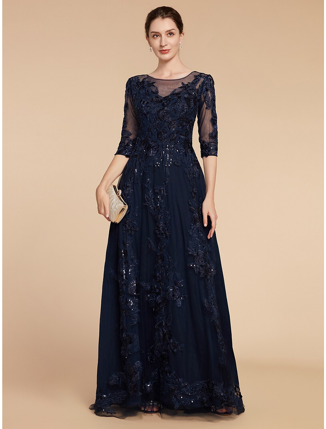 Wholesa  A-Line Mother of the Bride Dress Formal Wedding Guest Elegant Party Scoop Neck Floor Length Chiffon Lace 3/4 Length Sleeve with Sequin Appliques