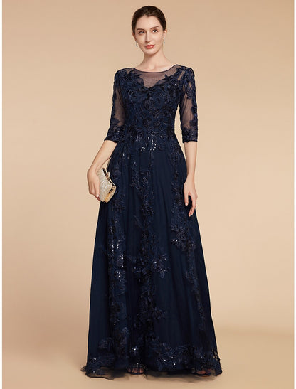 Wholesa  A-Line Mother of the Bride Dress Formal Wedding Guest Elegant Party Scoop Neck Floor Length Chiffon Lace 3/4 Length Sleeve with Sequin Appliques