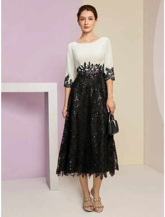 Wholesa  A-Line Mother of the Bride Dress Wedding Guest Elegant Scoop Neck Tea Length Stretch Chiffon Half Sleeve with Lace Sequin Ruching