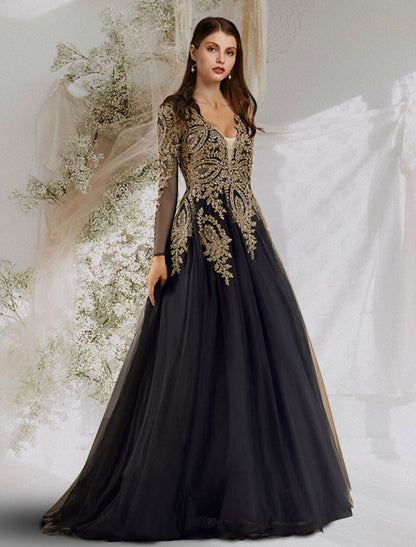 wholesale Ball Gown Luxurious Elegant Prom Formal Evening Dress V Neck Long Sleeve Floor Length Tulle with Sequin Appliques