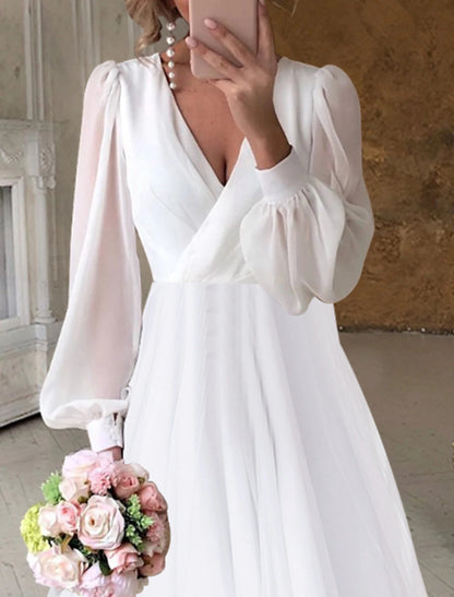 Wholesa Bridal Shower Wedding Dresses Little White Dresses Simple A-Line V Neck Long Sleeve Asymmetrical Chiffon Bridal Gowns With Solid Color Summer Wedding Party