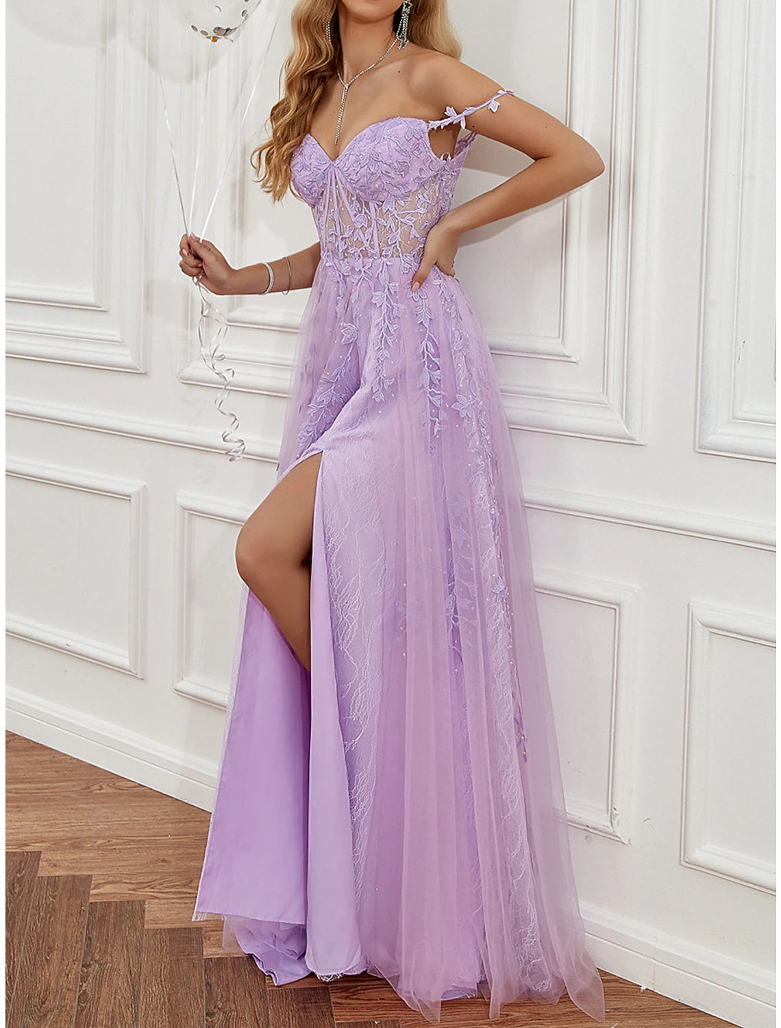 wholesale  A-Line Prom Dresses See Through Dress Formal Sweep / Brush Train Sleeveless Sweetheart Tulle Backless with Beading Slit Appliques