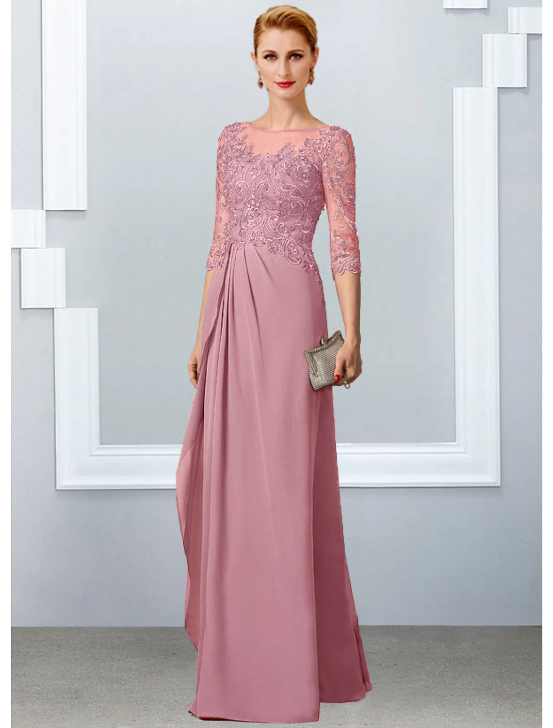 Wholesa A-Line Mother of the Bride Dress Elegant Jewel Neck Floor Length Chiffon Lace Half Sleeve with Appliques