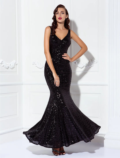 Wholesa Sheath / Column Sparkle & Shine Dress Wedding Guest Prom Floor Length Sleeveless V Neck Sequined V Back with Sequin