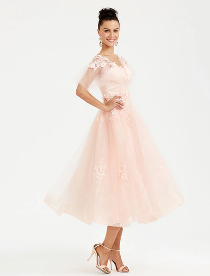 Wholesale A-Line Prom Dresses Elegant Dress Wedding Guest Tea Length Short Sleeve V Neck Tulle with Appliques