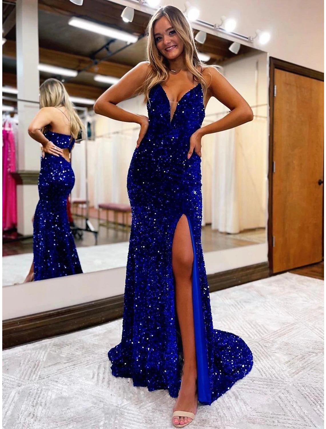 Wholesa Mermaid / Trumpet Prom Dresses Sparkle & Shine Dress Formal Wedding Party Court Train Sleeveless V Neck Sequined Backless with Sequin Slit