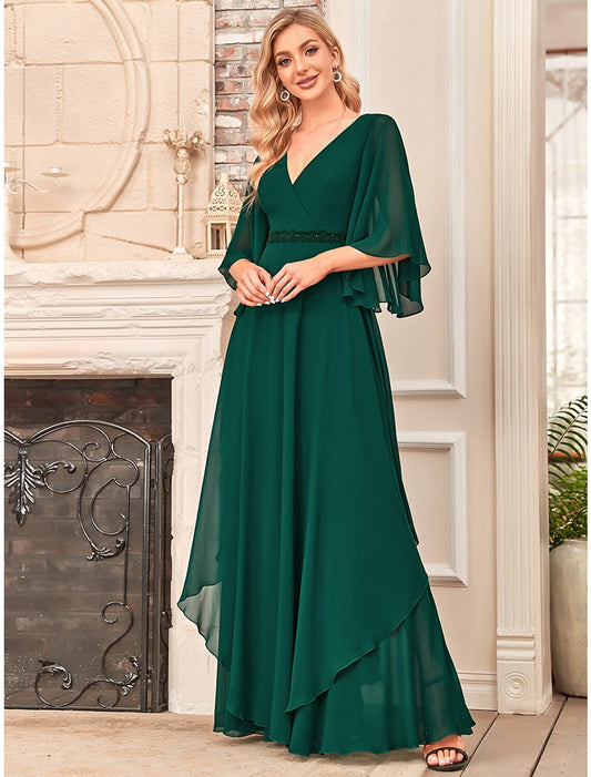 wholesale  A-Line Mother of the Bride Dress Elegant V Neck Floor Length Chiffon Half Sleeve with Sash / Ribbon