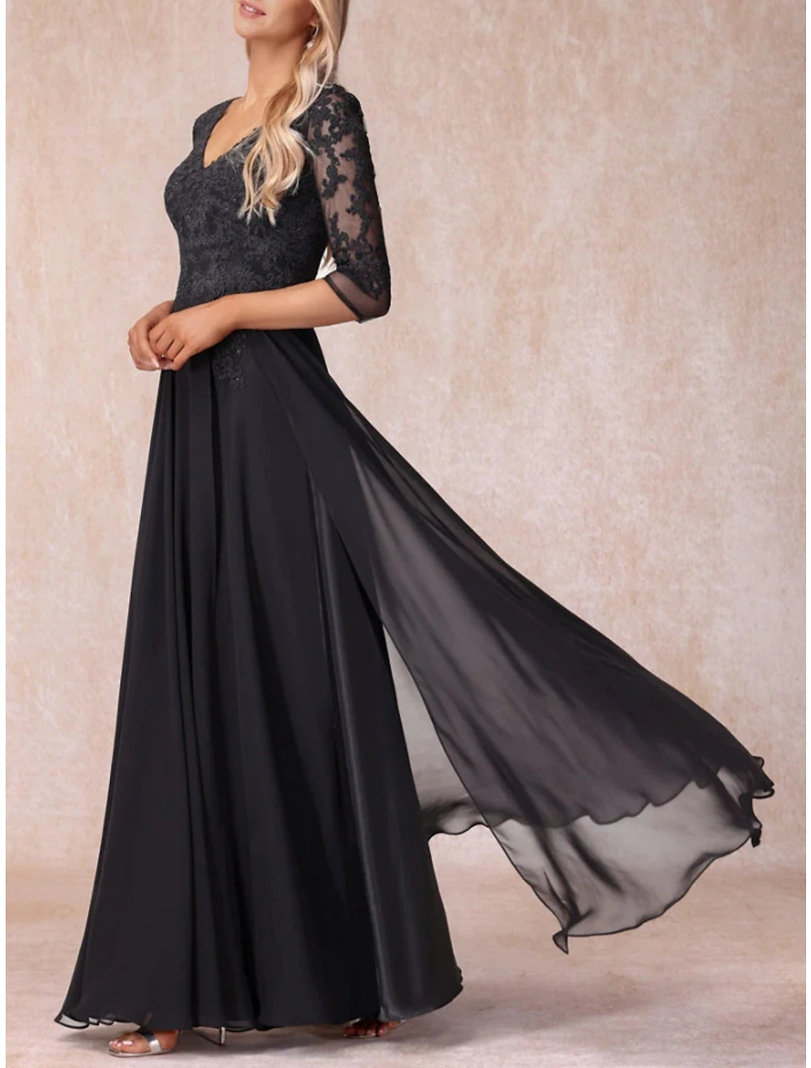 Wholesa A-Line Mother of the Bride Dress Wedding Guest Elegant V Neck Floor Length Chiffon Lace 3/4 Length Sleeve with Ruching Solid Color