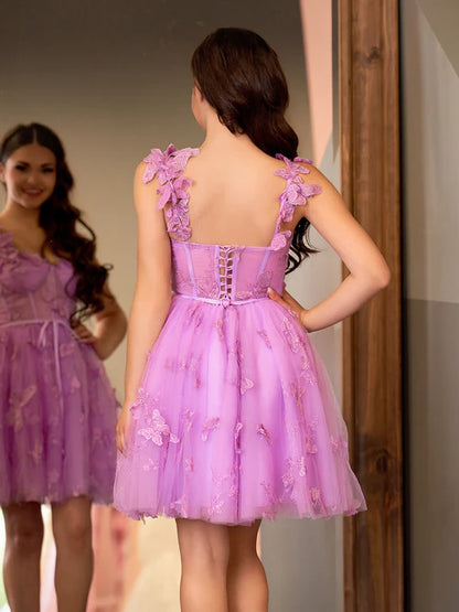 Wholesale A Line Graduation Dresses Short Tulle Lilac Homecoming Dress with 3D Butterflies