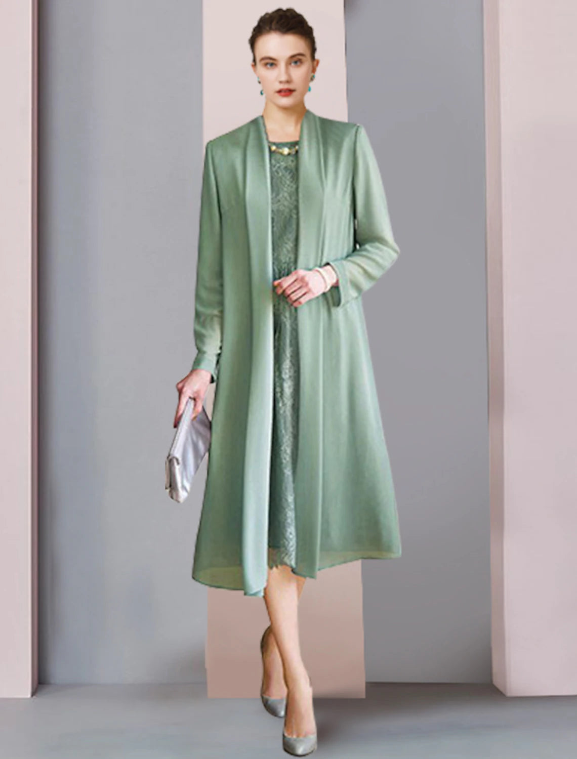 Wholesa  Two Piece Sheath / Column Mother of the Bride Dress Formal Wedding Guest Party Elegant Scoop Neck Tea Length Chiffon Lace 3/4 Length Sleeve Jacket Dresses with Solid Color