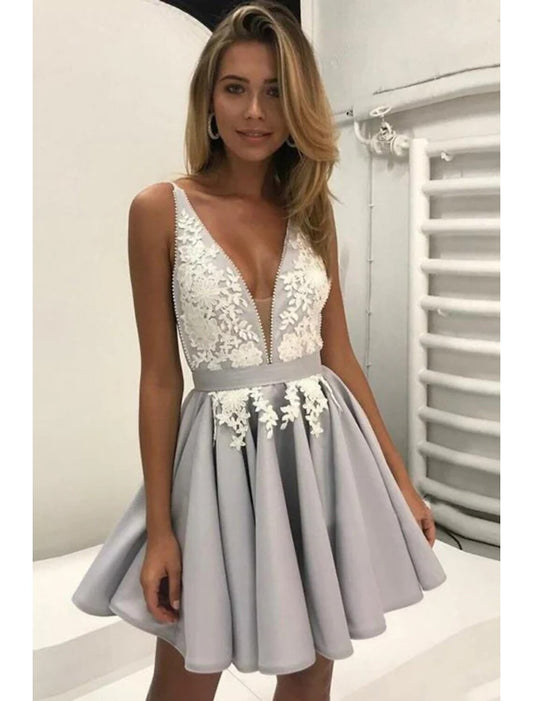 wholesale  A-Line Cocktail Dresses Party Dress Graduation Short / Mini Sleeveless V Neck Satin Backless with Beading Appliques