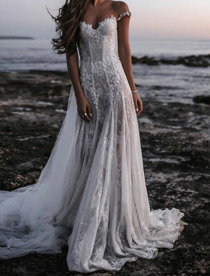 Wholesa Beach Open Back Boho Wedding Dresses A-Line Off Shoulder Cap Sleeve Court Train Lace Bridal Gowns With Appliques Solid Color