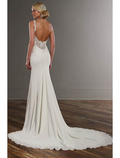 Wholesale Engagement Open Back Sexy Formal Wedding Dresses Mermaid / Trumpet V Neck Sleeveless Chapel Train Lace Bridal Gowns With Appliques 2023 Summer Wedding Party