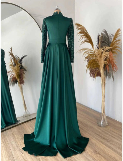 Wholesa  Sheath Formal Dress Evening Gown Christmas Red Green Dress Formal Sweep / Brush Train Long Sleeve Jewel Neck Satin with Pleats Ruched Sequin