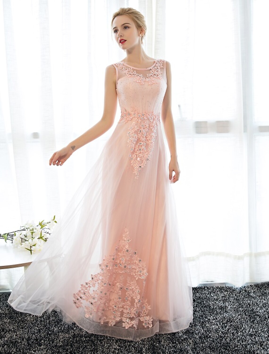 Wholesale Sheath / Column Dress Wedding Guest Floor Length Sleeveless Illusion Neck Satin with Crystals Appliques