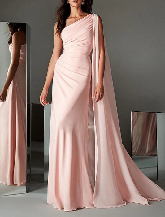 Wholesa Sheath / Column Evening Gown Elegant Dress Engagement Formal Evening Sweep / Brush Train Sleeveless One Shoulder Chiffon with Sleek