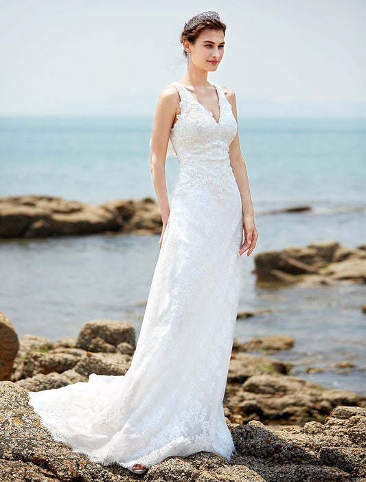 wholesale Wedding Dresses Sheath / Column V Neck Sleeveless Court Train Lace Bridal Gowns With Appliques Button