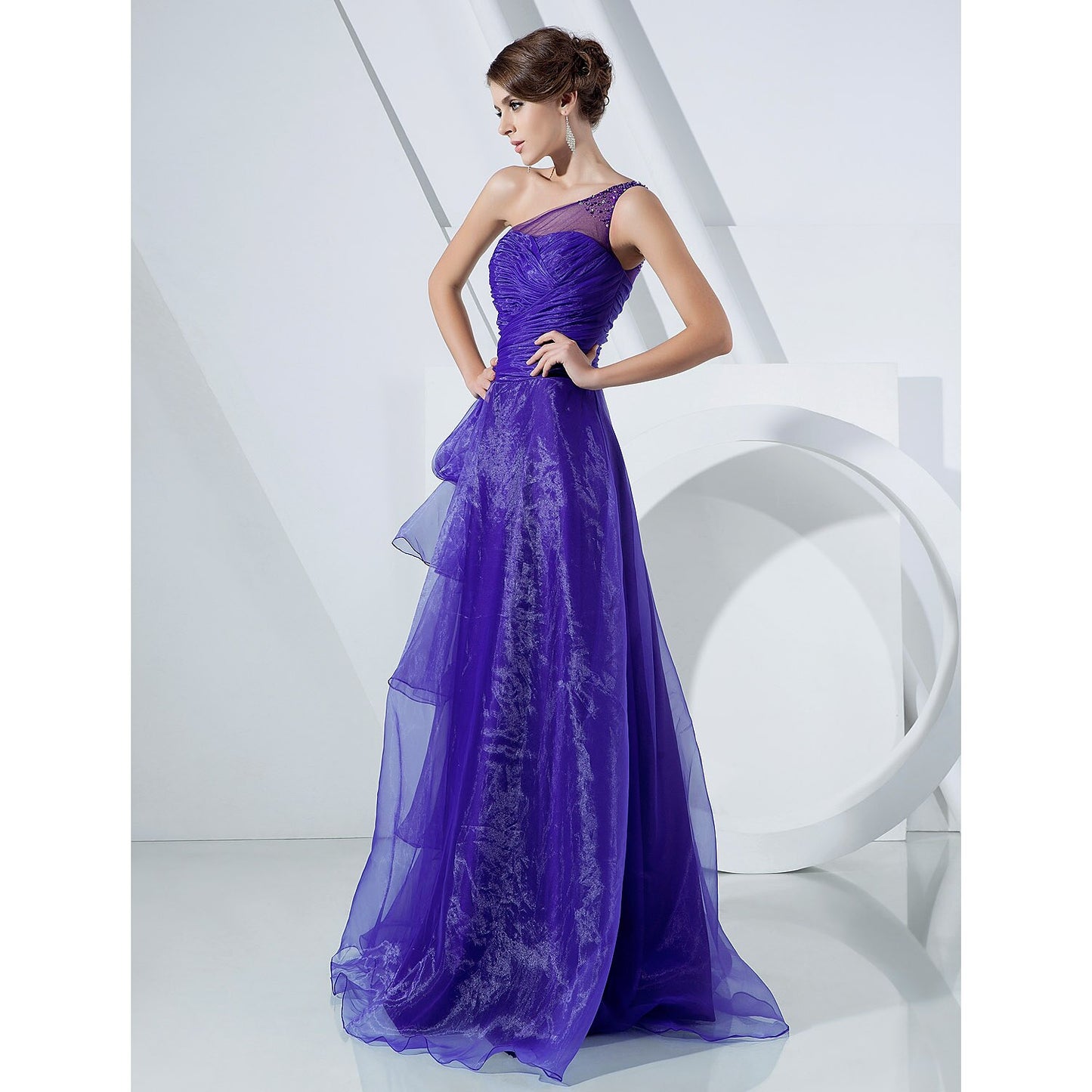 Wholesa A-Line Elegant Dress Formal Evening Military Ball Floor Length Sleeveless One Shoulder Organza with Side Draping Cascading Ruffles