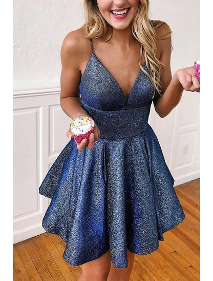 wholesale  A-Line Cocktail Dresses Party Dress Homecoming Short / Mini Sleeveless V Neck Satin Backless with Pleats