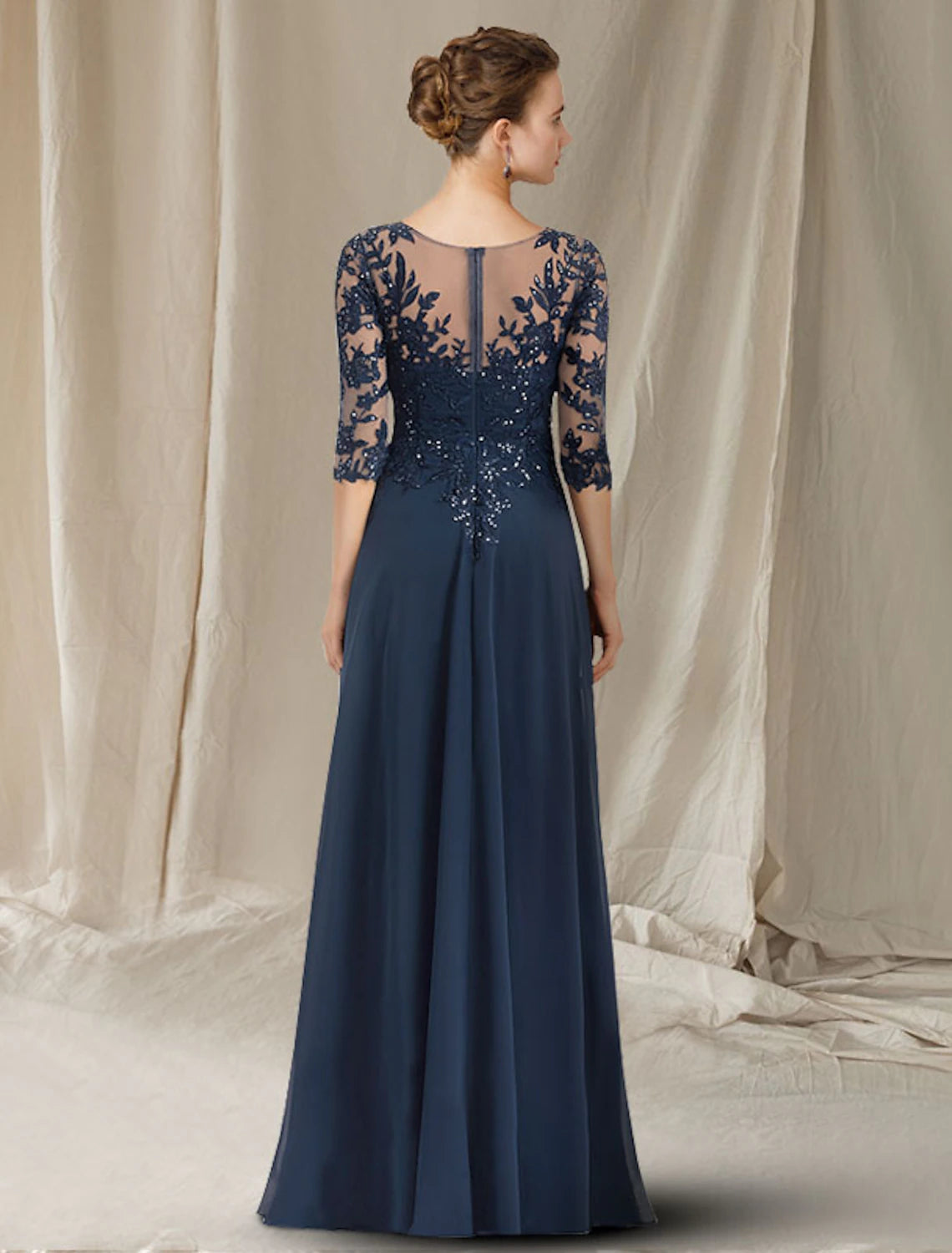 wholesale A-Line Mother of the Bride Dress Elegant V Neck Floor Length Chiffon Lace Sequined Half Sleeve with Sequin Appliques