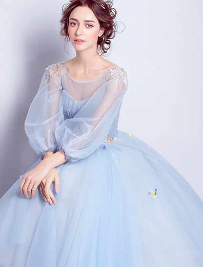 Wholesale Ball Gown Elegant Floral Puffy Quinceanera Engagement Dress Illusion Neck 3/4 Length Sleeve Floor Length Tulle with Pleats Appliques