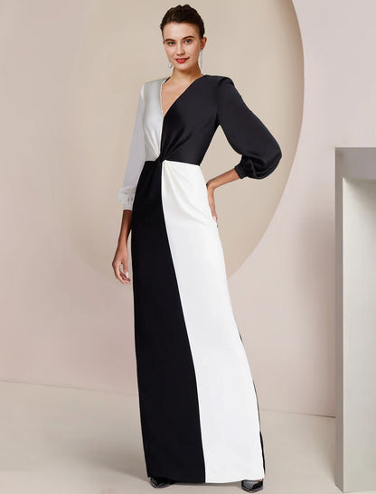 Wholesale Sheath / Column Mother of the Bride Dress Formal Wedding Guest Party Elegant V Neck Floor Length Stretch Satin 3/4 Length Sleeve with Color Block